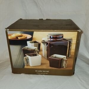 New Brown Pier One Imports Tri Color Tea Set Square Teapot & 4 Cups With Handle